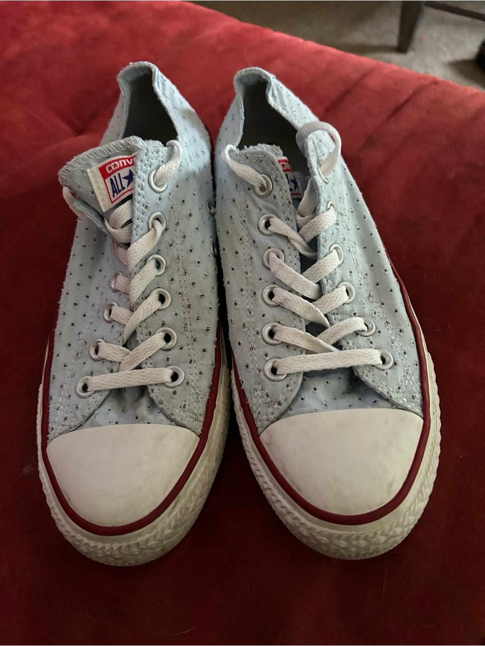 Converse Light Blue Eyelet Low Top Sneakers with Red Foxing